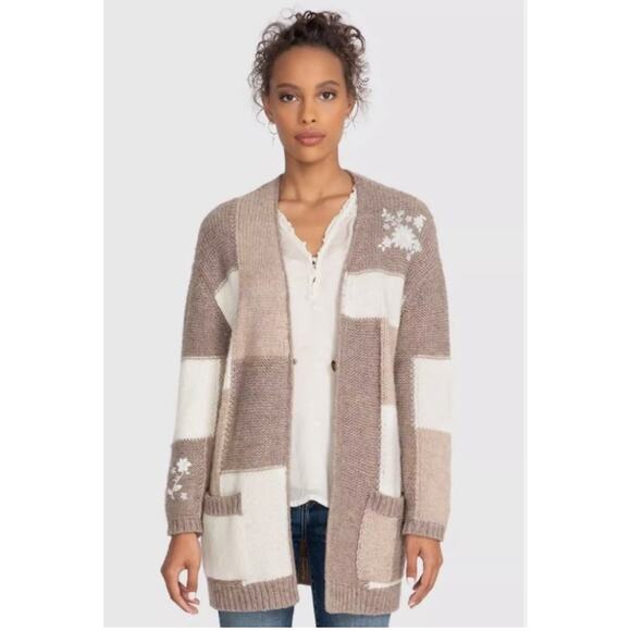 Johnny Was Sweaters - Johnny Was Brown & Cream Color Block Patchwork Floral Alpaca Cardigan